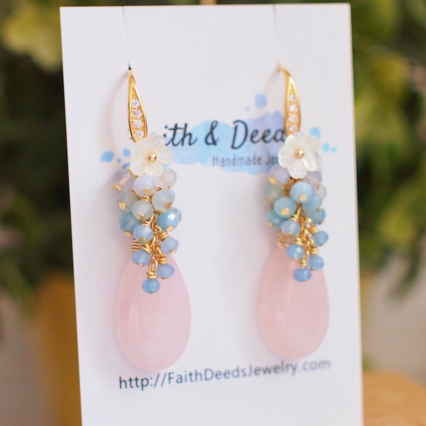 Rose Quartz Earrings // Statement Earrings // 14K Gold-filled // Blue Gem Cluster // Sweet & Whimsical