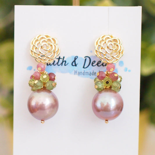 Purple Edison Pearl Earrings // Gem Cluster // Apatite x Period x Pink Tourmaline // 14K Gold-filled // Spring-inspired