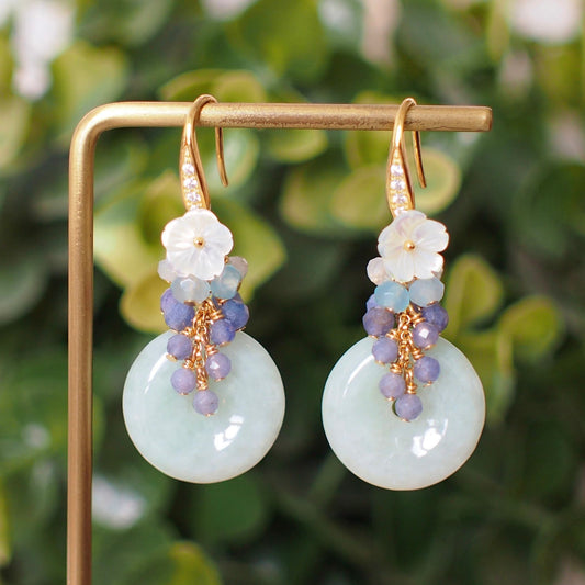 Type A Burmese Jade Donut Earrings // Gem Cluster // Mother of Pearl Flower // 14K Gold-filled // Dreamy & Romantic