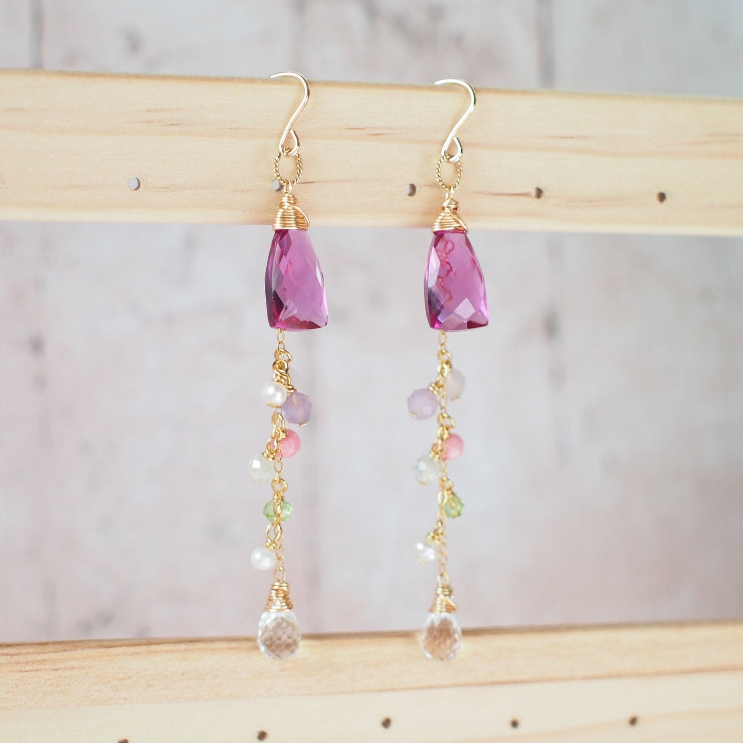 Rhodolite Pink Quartz Earrings // Dangling Style // 14K Gold-filled // Wire-wrapped // Assorted Gems // Sweet & Sassy