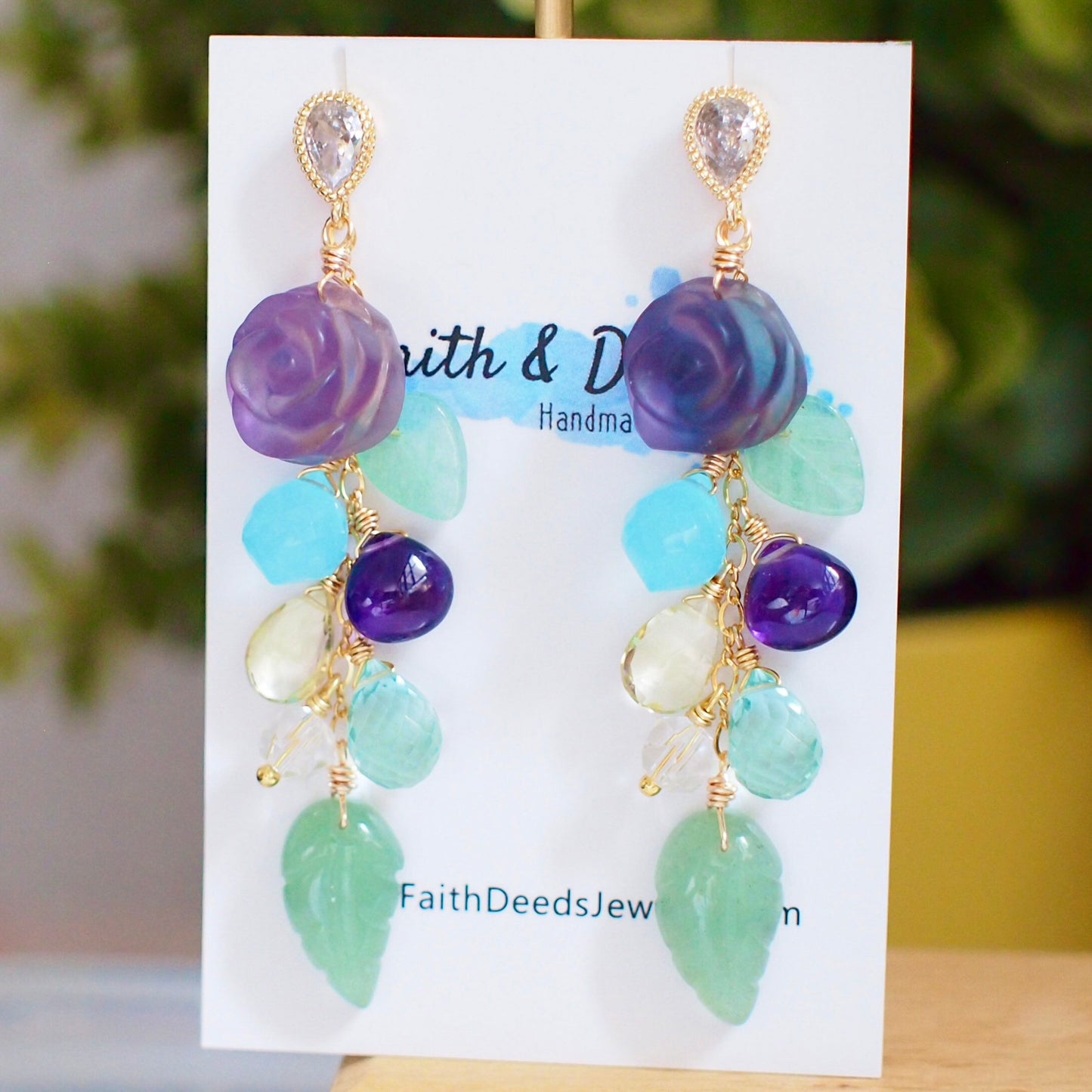 Carved Fluorite Rose x Multi Stones Earrings // Dangling Style // Statement Earrings // 14K Gold-filled