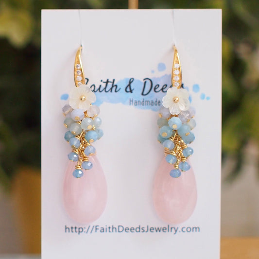 Rose Quartz Earrings // Statement Earrings // 14K Gold-filled // Blue Gem Cluster // Sweet & Whimsical