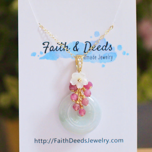 Type A Burmese Jade Donut Pendant // Pink Tourmaline Cluster // 14K Gold-filled