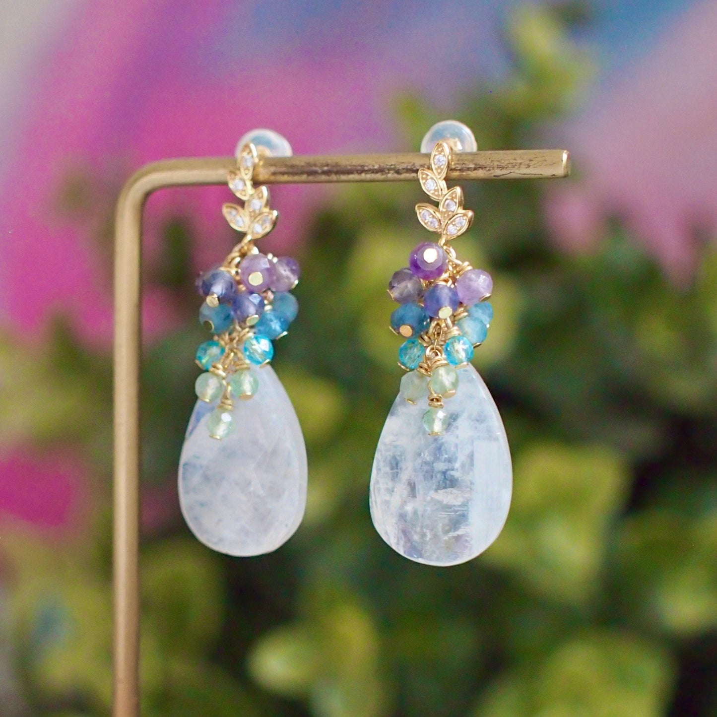 Rainbow Moonstone Earrings // Statement Earrings // Gems Cluster // Whimsical Colour // One of a Kind