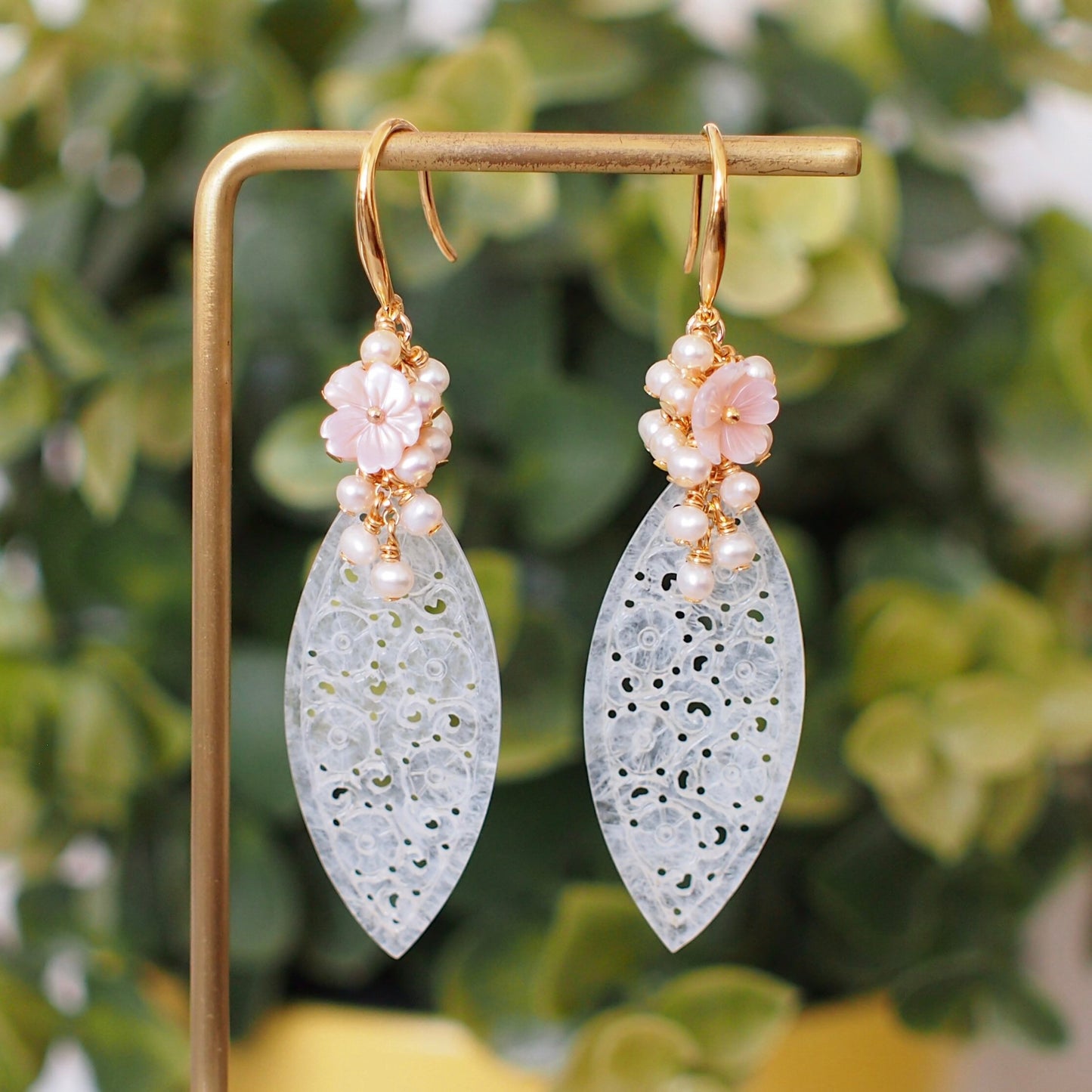 Type A White Carved Jadeite Statement Earrings // Pearl Cluster // 14K Gold-filled // Graceful & Sweet