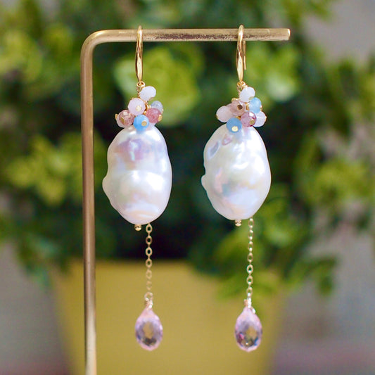 Baroque Pearl Earrings // Statement Earrings // Gems Cluster // Rose Quartz x Strawberry Quartz x Aquamarine // 14K Gold-filled