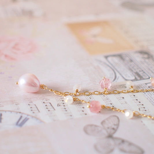 Pink Baroque Pearl Necklace // Gem Charms // Strawberry Quartz x Sunstones x Moonstones // 14K Gold-filled