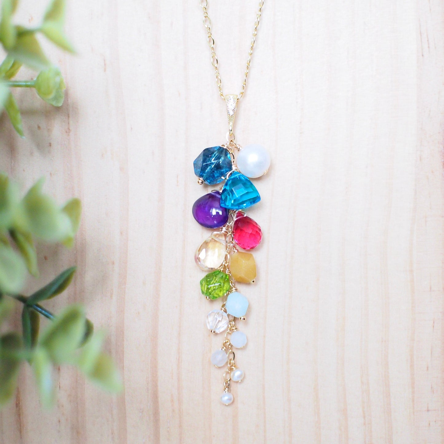 Multi Stones Long Dangling Pendant // Statement Necklace // Colourful & Chic // 14K Gold-filled