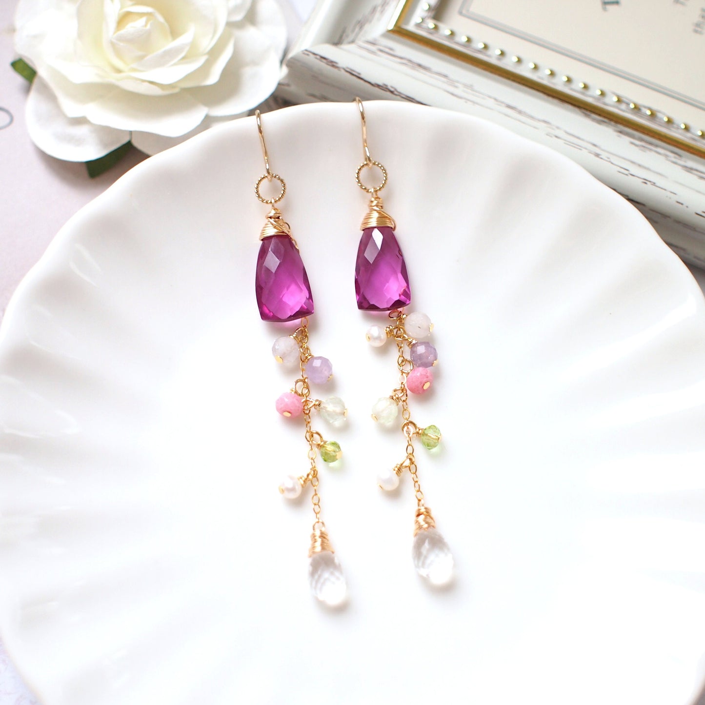 Rhodolite Pink Quartz Earrings // Dangling Style // 14K Gold-filled // Wire-wrapped // Assorted Gems // Sweet & Sassy
