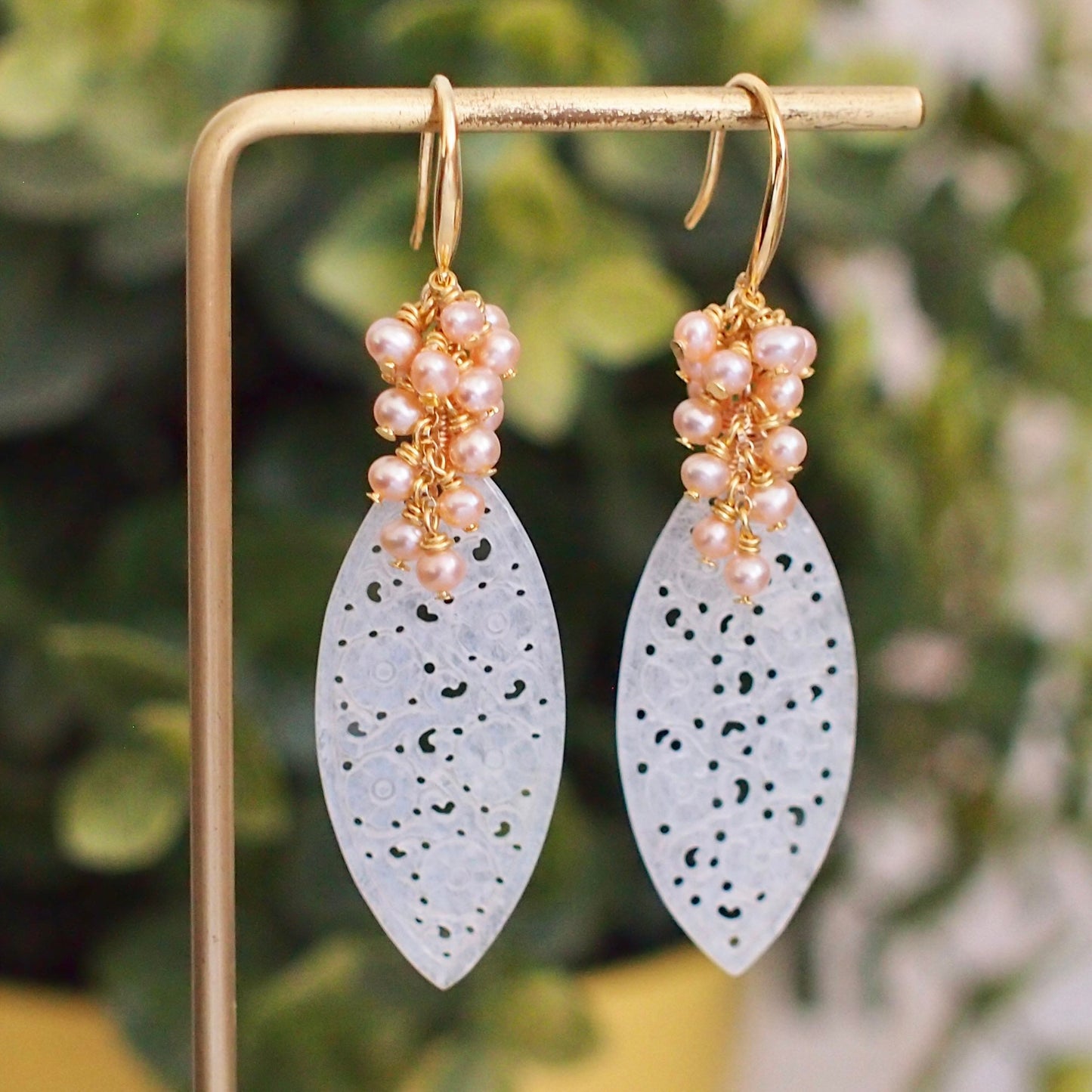 Type A White Carved Jadeite Statement Earrings // Peach Pearl Cluster // 14K Gold-filled // Graceful & Regal