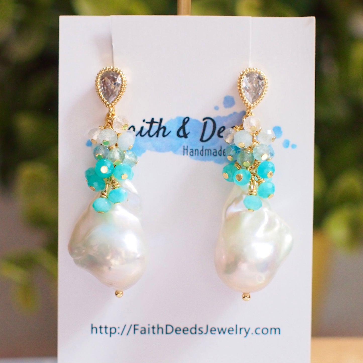 White Baroque Pearl Earrings // Flameball Pearls // Blue Gem Cluster // Ocean Theme // 14K Gold-filled // Sparkly & Stunning