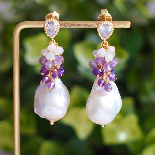 Baroque Pearl Earrings // Flameball Pearls // Amethyst x Moonstones // 14K Gold-filled // Elegant & Sexy