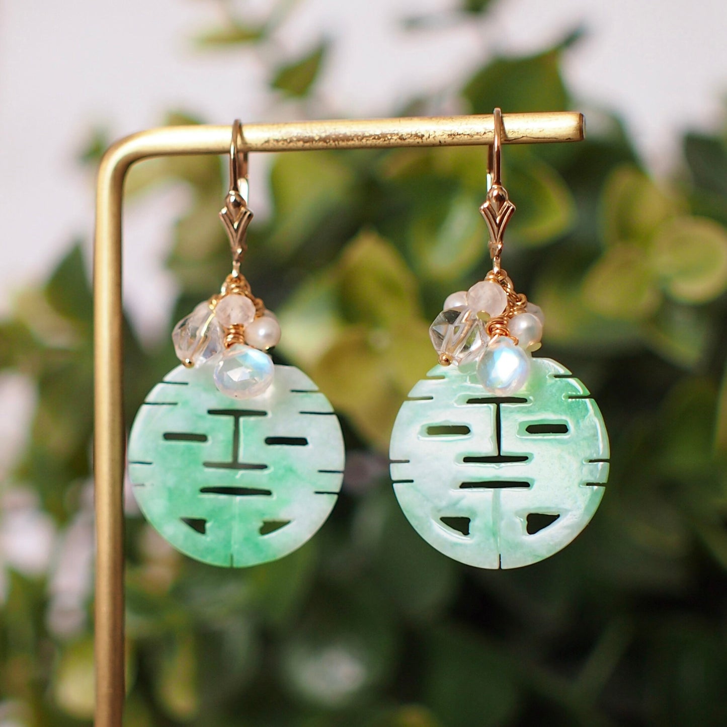 Type A Carved 囍 Jadeite Statement Earrings // Gem Cluster // 14K Gold-filled // Graceful & Elegant
