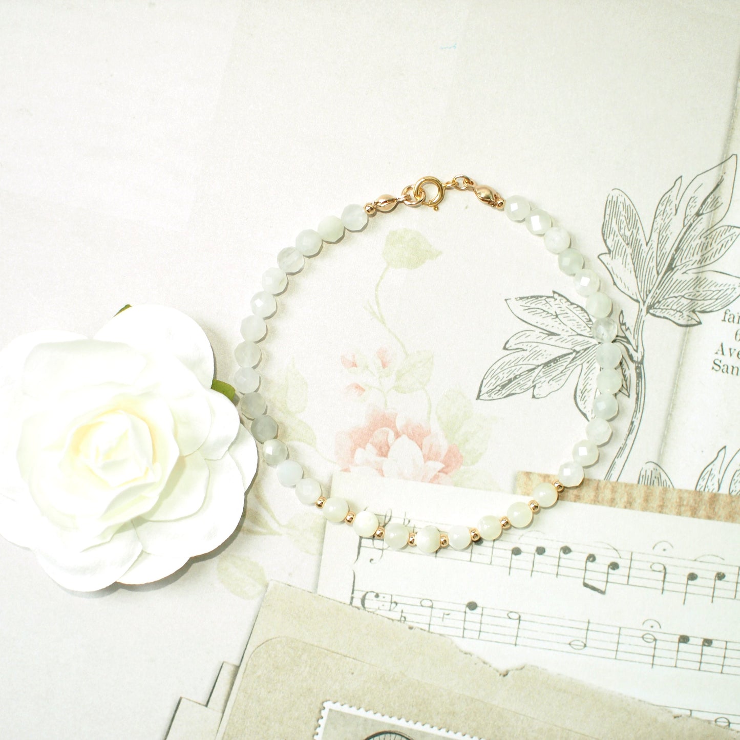 Moonstones x Mother of Pearl Bracelet // Sophisticated & Sleek // Dainty // Stackable // 14K Gold-filled