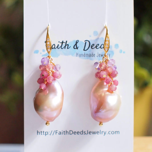 Rainbow Baroque Pearl Earrings // Gems Cluster // Flameball Pearls // Pink Gem Cluster // 14K Gold-filled