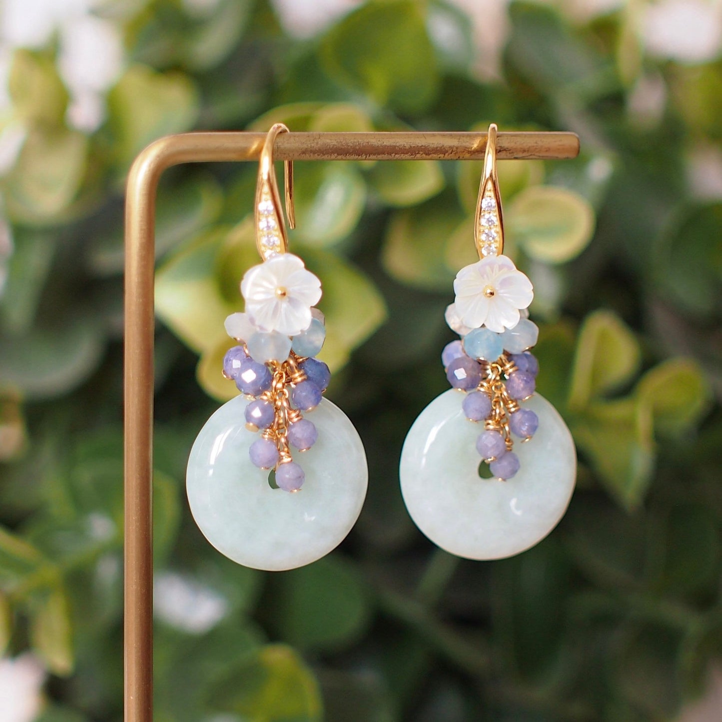 Type A Burmese Jade Donut Earrings // Gem Cluster // Mother of Pearl Flower // 14K Gold-filled // Dreamy & Romantic