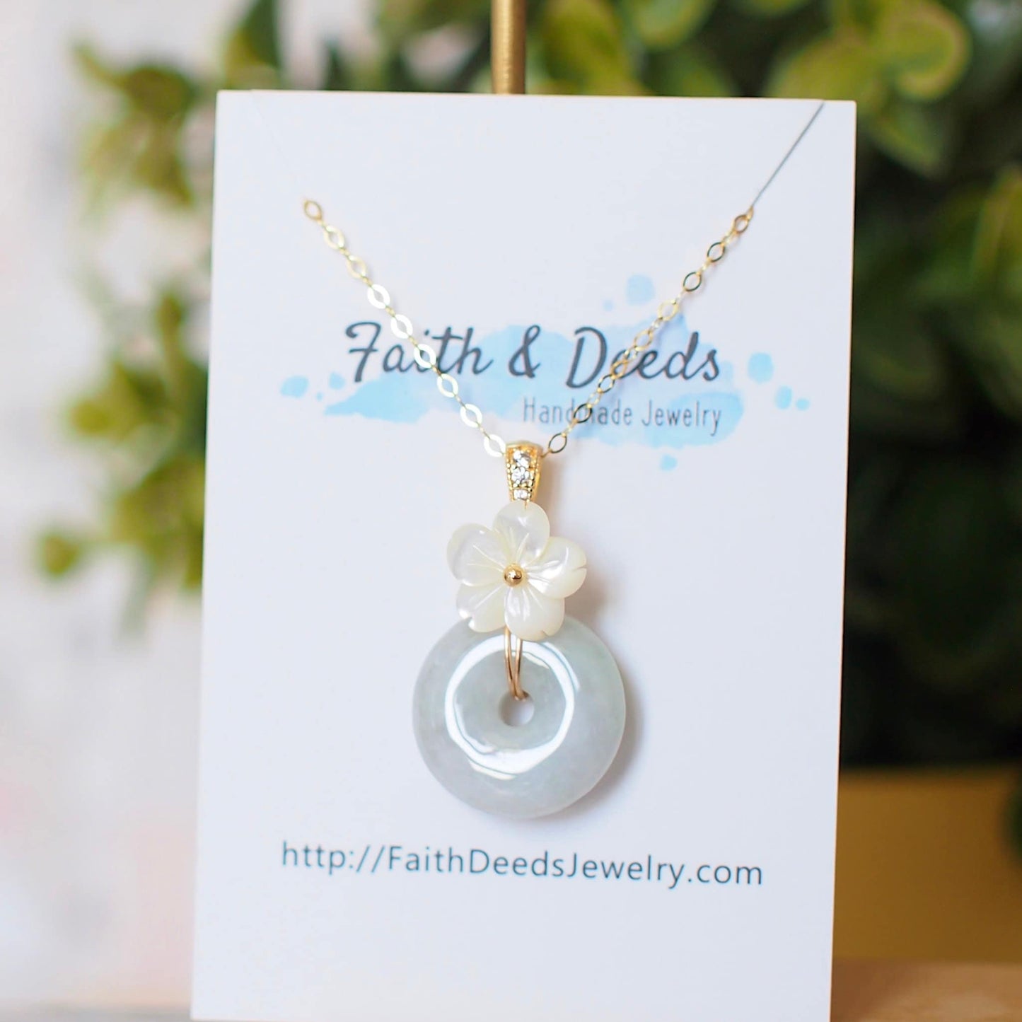 Type A Burmese Jade Donut Pendant // Mother-of-Pearl Flower // 14K Gold-filled // Simple & Graceful
