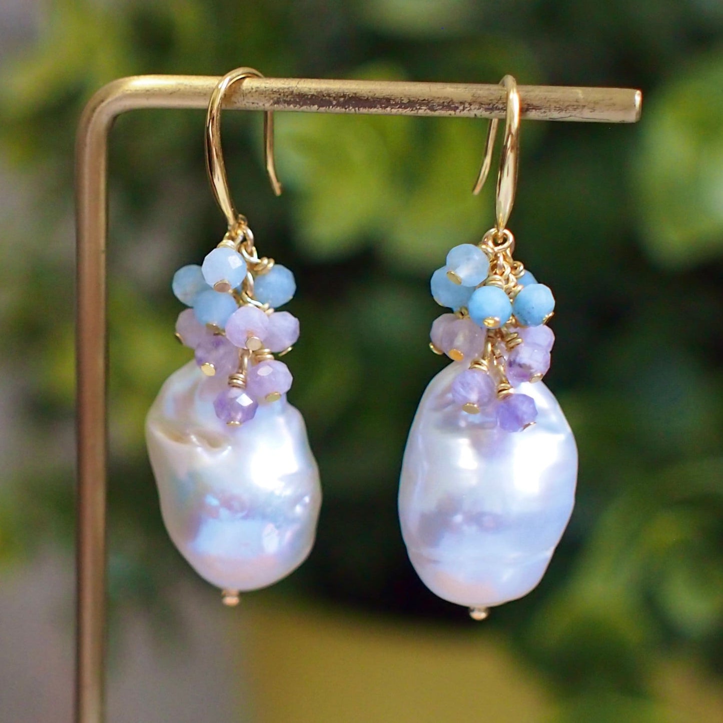White Baroque Pearl Earrings // Flameball Pearls // Pastel Gem Cluster // Amethyst x Aquamarine // 14K Gold-filled // Sweet & Graceful