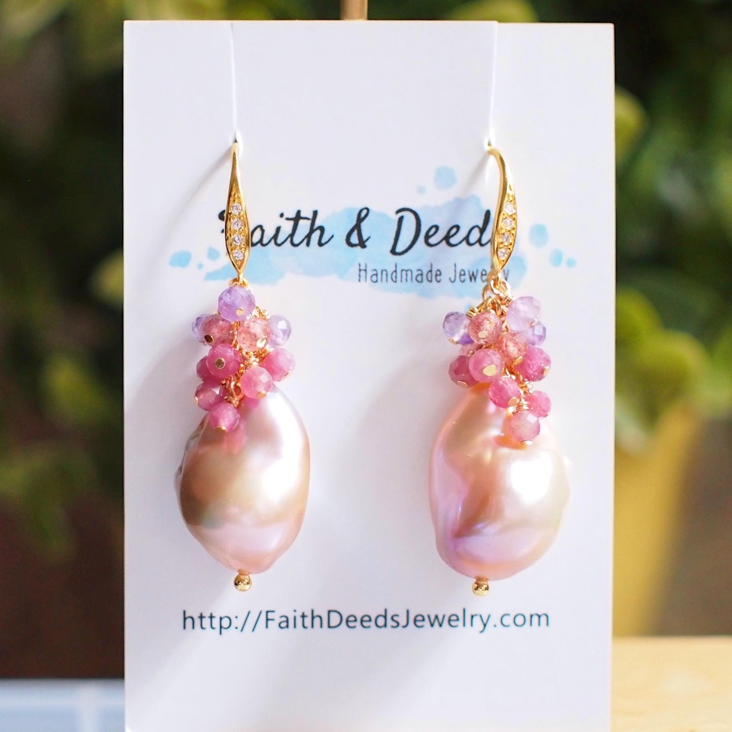 Rainbow Baroque Pearl Earrings // Gems Cluster // Flameball Pearls // Pink Gem Cluster // 14K Gold-filled