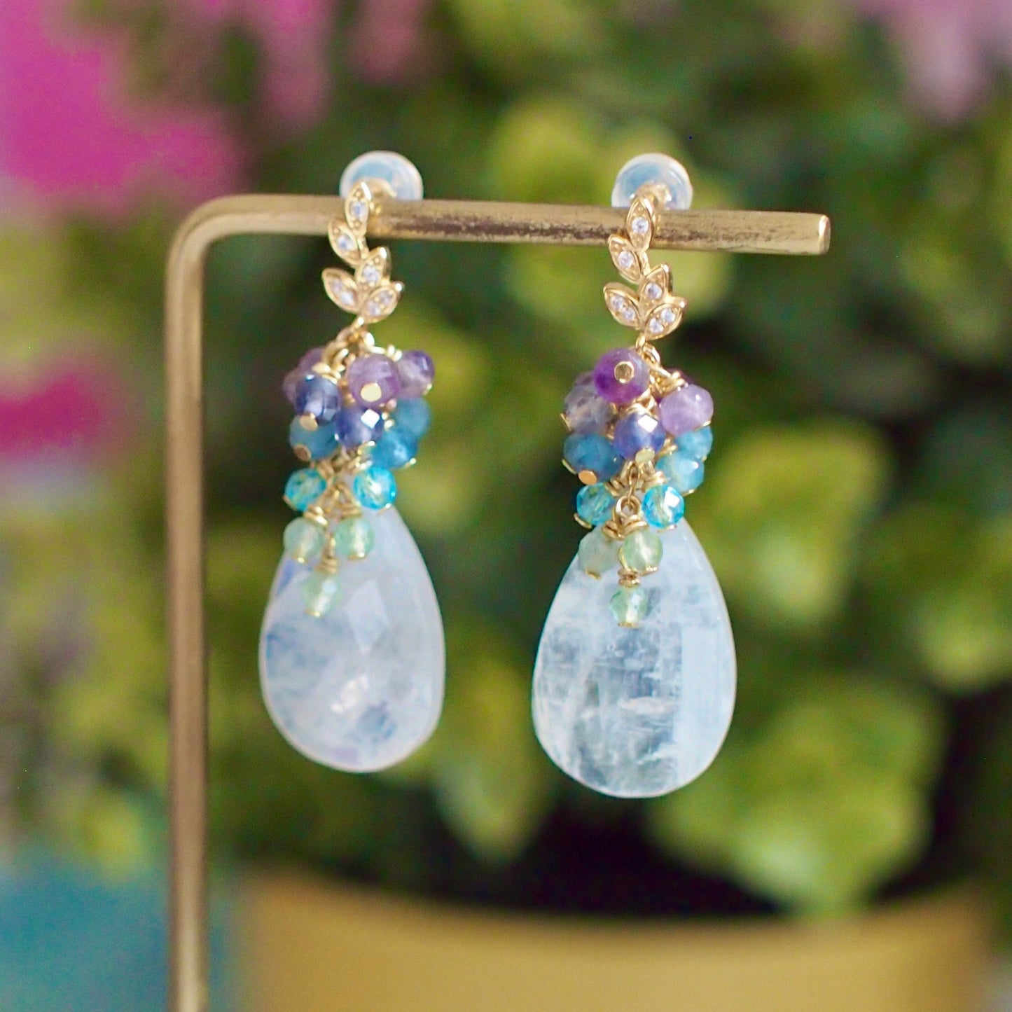 Rainbow Moonstone Earrings // Statement Earrings // Gems Cluster // Whimsical Colour // One of a Kind