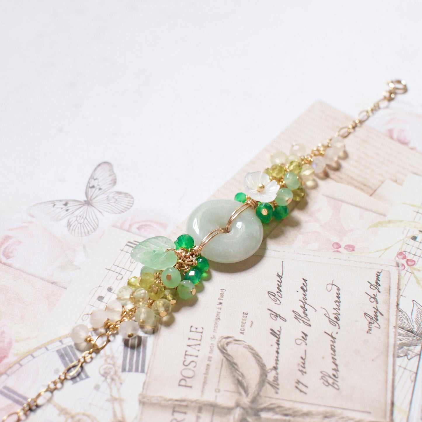 Type A Burmese Jade Donut Bracelet // Floral Design // 14K Gold-filled // Refreshing & Youthful