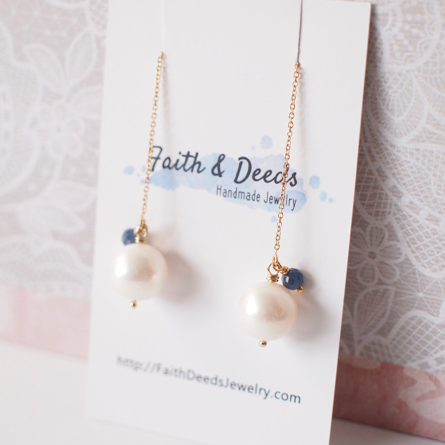 Fresh Water Pearl Earrings // Simple Threader Earrings // Blue Sapphire // 14K Gold-filled // Dangling Style // Sassy