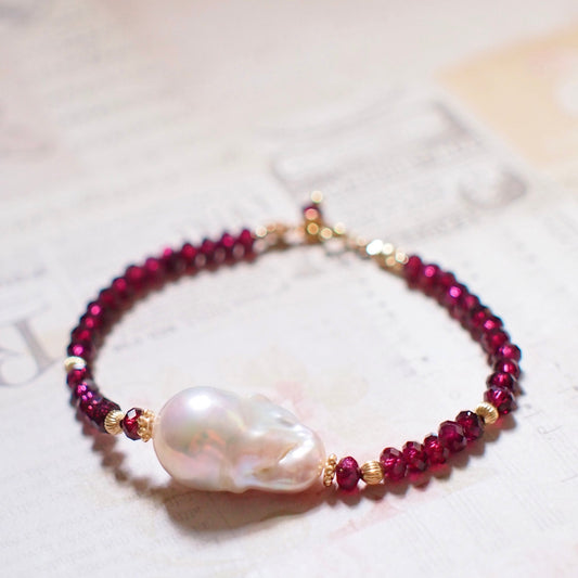 White Baroque Pearl x Garnet Bracelet // Bold & Elegant // 14K Gold-filled