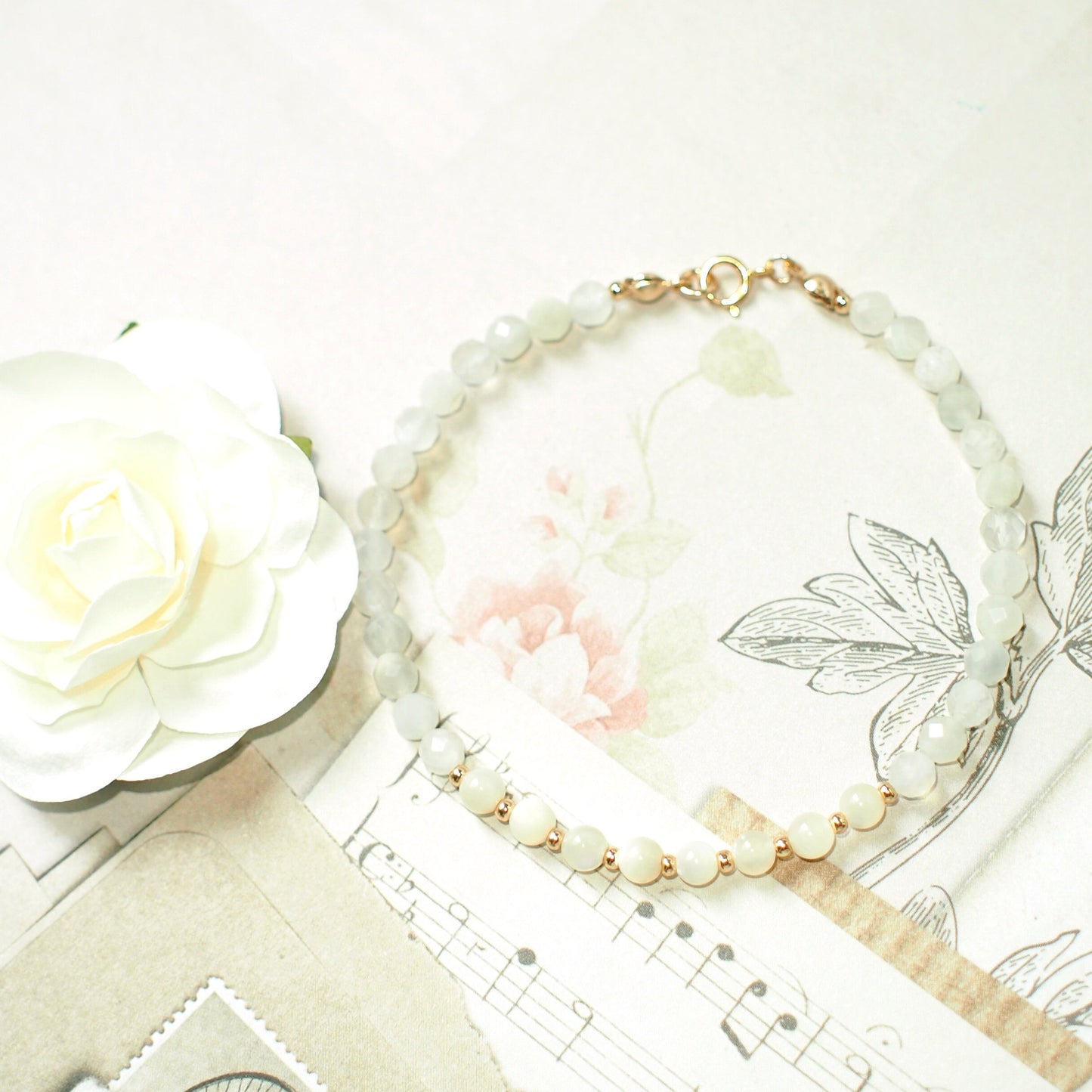 Moonstones x Mother of Pearl Bracelet // Sophisticated & Sleek // Dainty // Stackable // 14K Gold-filled