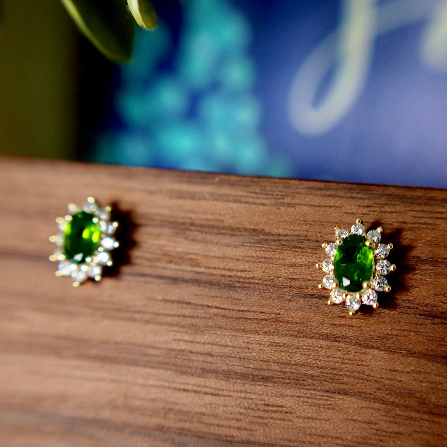 Diopside Earrings // Halo Setting // Cubic Zirconia // 14K Yellow Gold Plated Over Silver