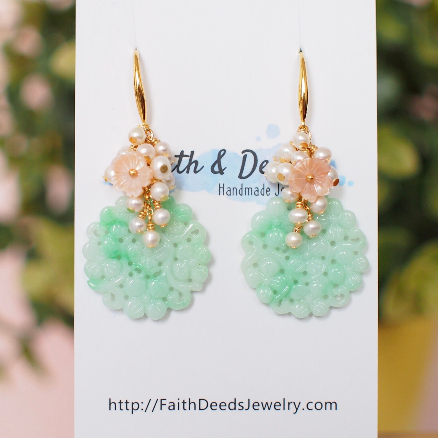 Type A Carved Jadeite Statement Earrings // Pearl Cluster // 14K Gold-filled // Feminine & Elegant