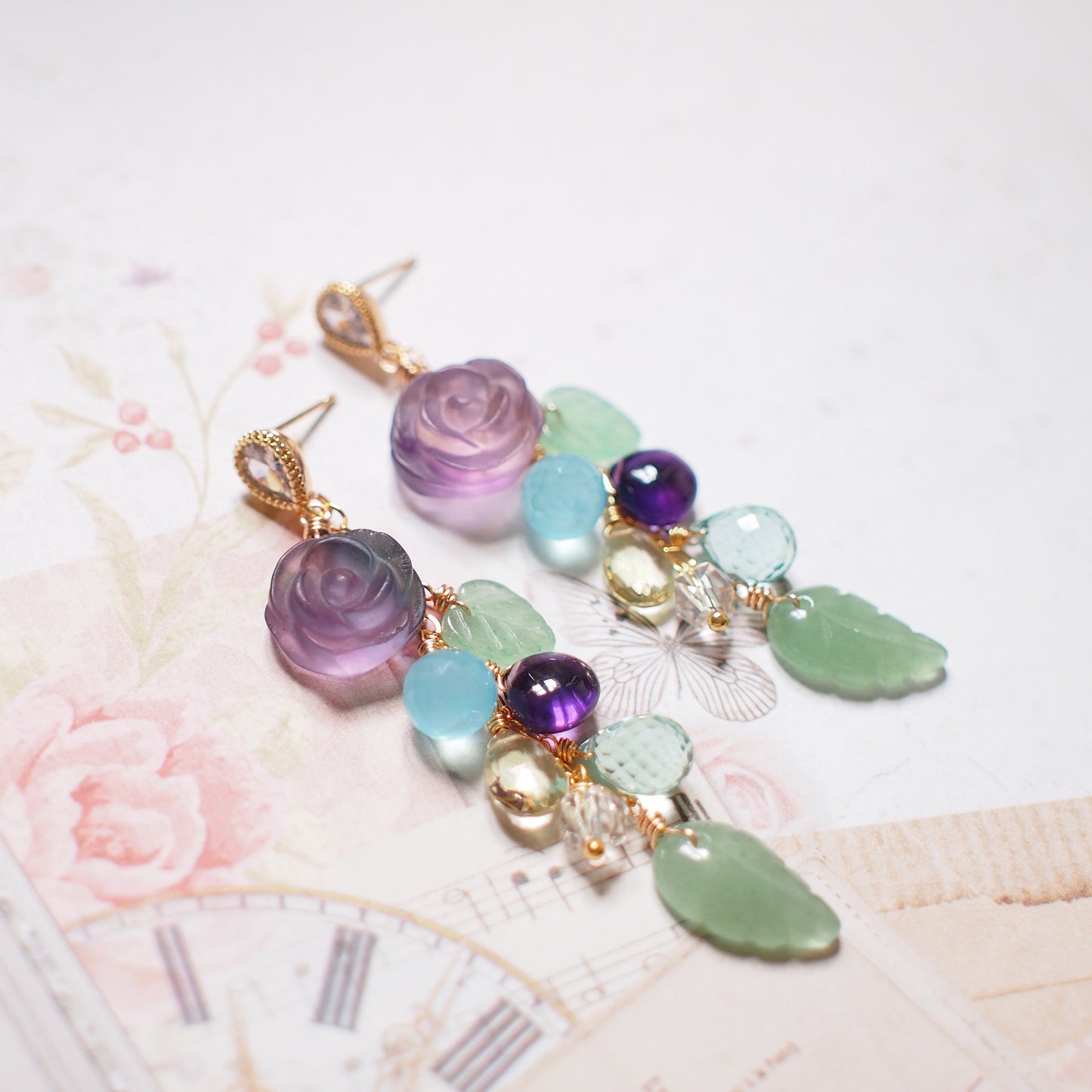 Carved Fluorite Rose x Multi Stones Earrings // Dangling Style // Statement Earrings // 14K Gold-filled