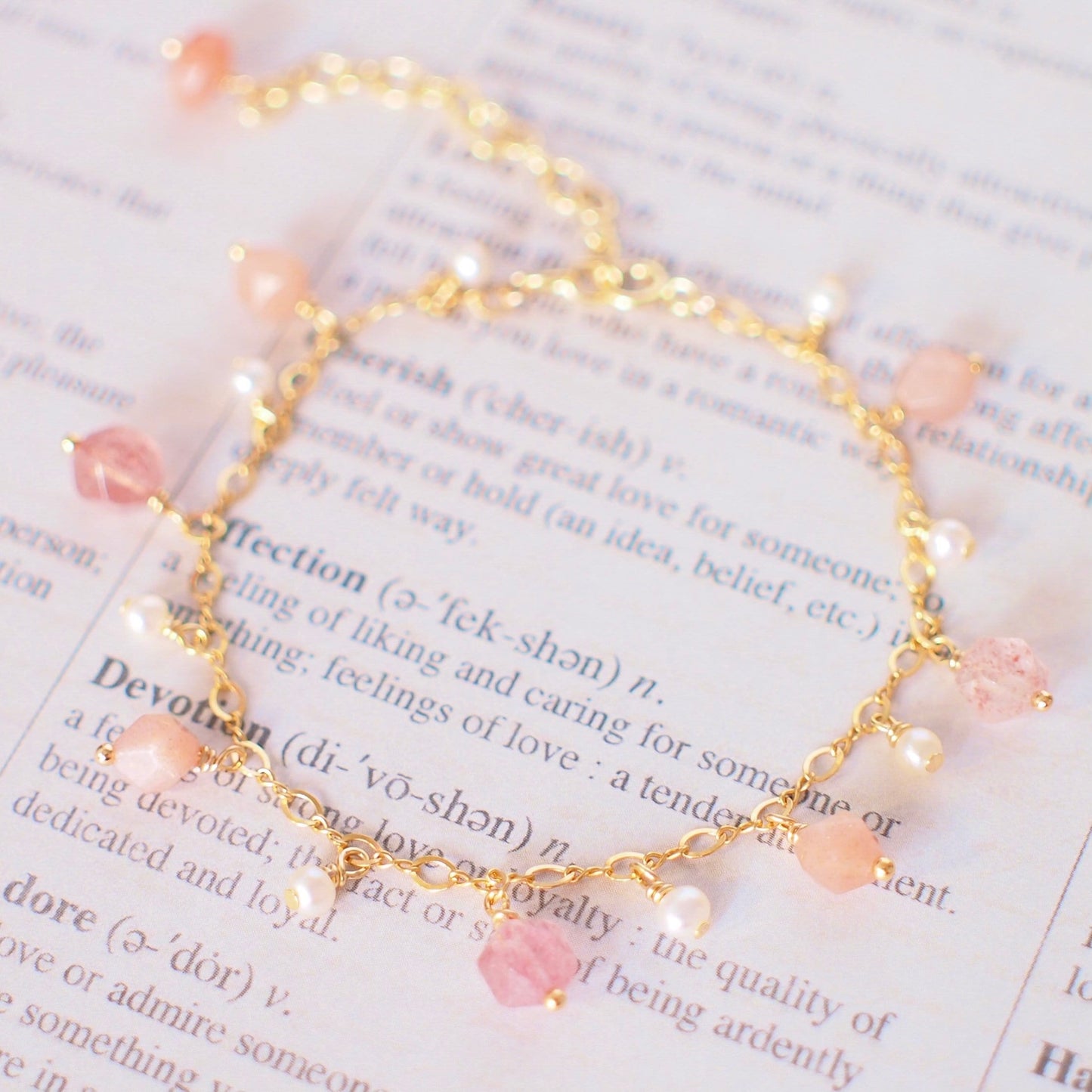 Sunstones x Strawberry Quartz x Pearls Charm Bracelet // Sparkly & Sweet // 14K Gold-filled // Dainty