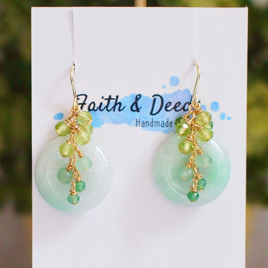 Type A Burmese Jade Donut Earrings // Gem Cluster // Peridot x Green Chalcedony // 14K Gold-filled // Elegant & Sophisticated