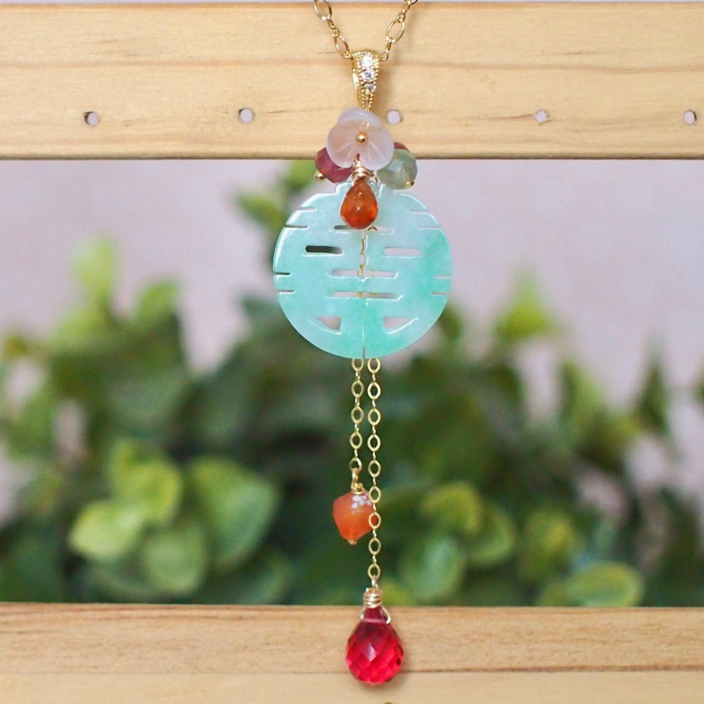 Type A Carved 囍 Jadeite Pendant // Long Statement Necklace // Bold & Gorgeous // 14K Gold-filled