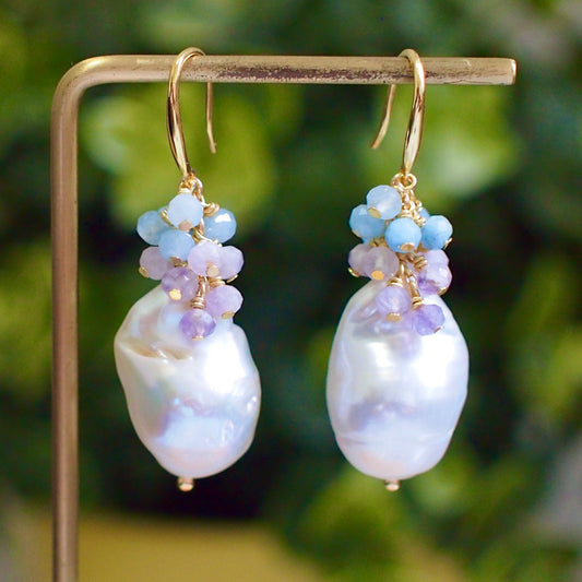 White Baroque Pearl Earrings // Flameball Pearls // Pastel Gem Cluster // Amethyst x Aquamarine // 14K Gold-filled // Sweet & Graceful