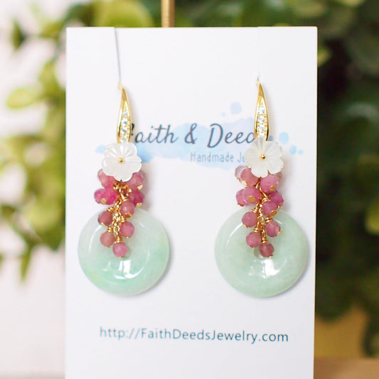 Type A Burmese Jade Donut Earrings // Pink Gem Cluster // Mother of Pearl Flower // 14K Gold-filled // Feminine & Sweet