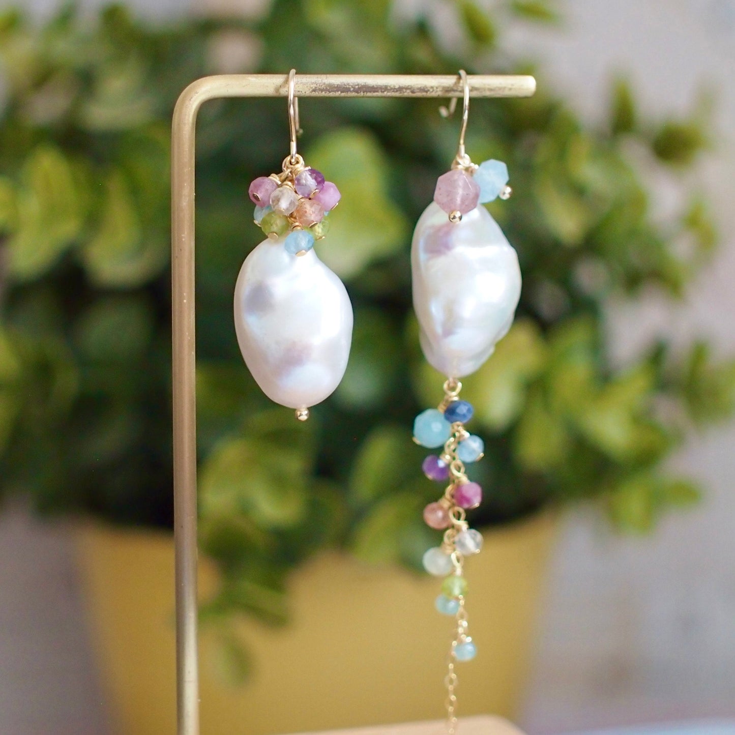 Baroque Pearl x Rainbow Gems Earrings // Asymmetrical Statement Earrings // Gems Cluster // 14K Gold-filled// One of a kind