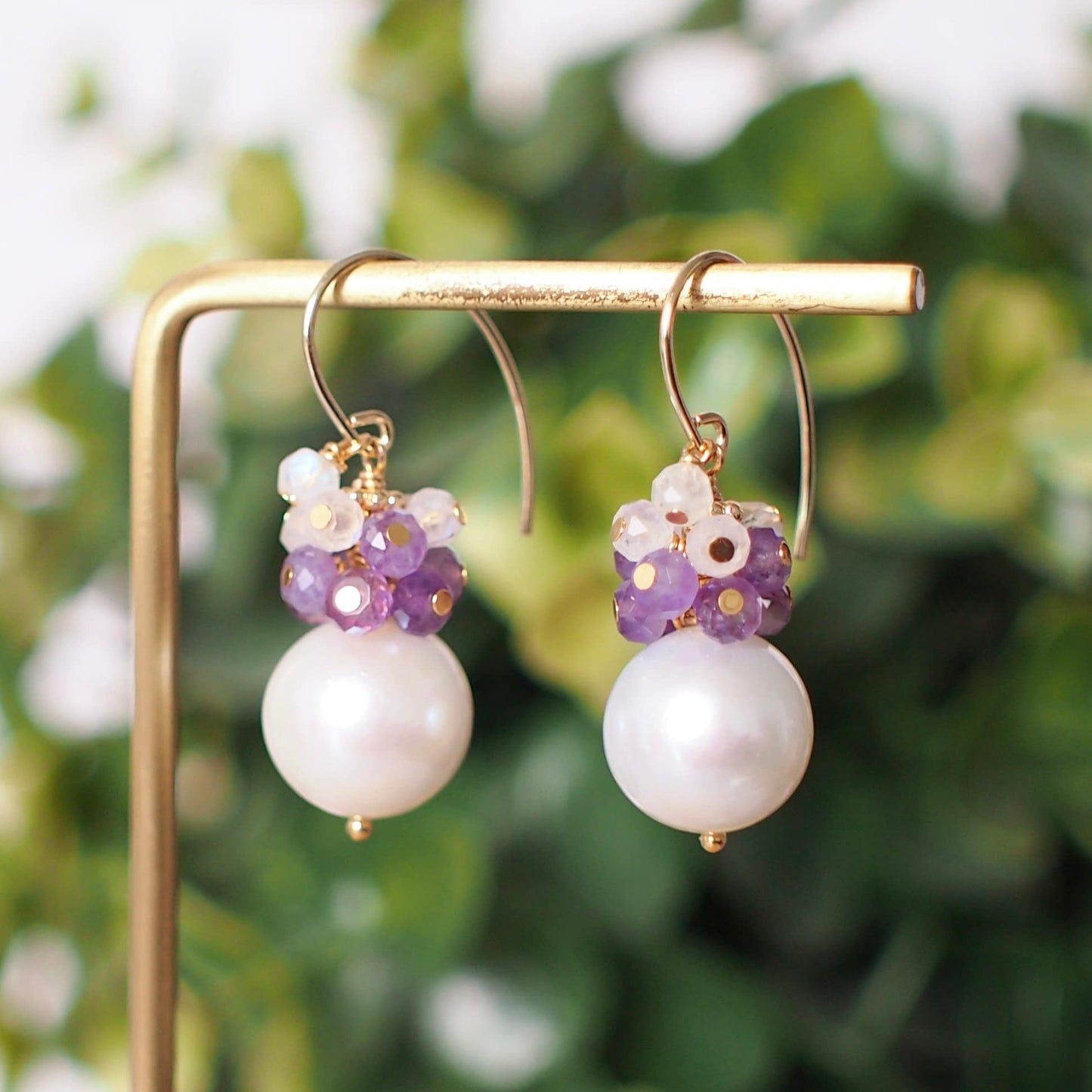Fresh Water Pearl Earrings // Gem Cluster // Amethyst x Moonstones // 14K Gold-filled // Sweet & Dreamy