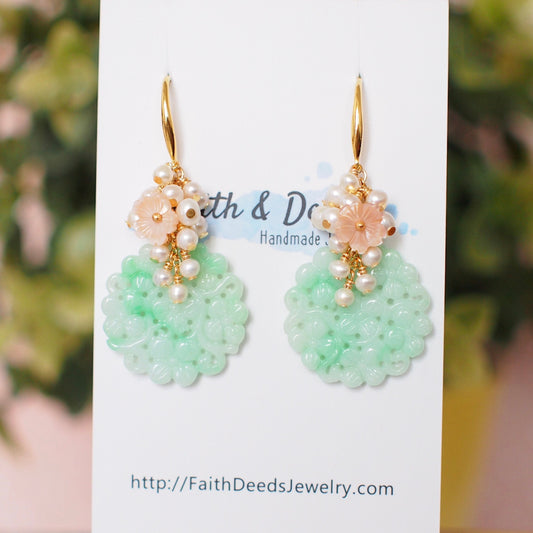 Type A Carved Jadeite Statement Earrings // Pearl Cluster // 14K Gold-filled // Feminine & Elegant