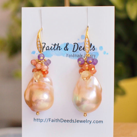 Rainbow Baroque Pearl Earrings // Gems Cluster // Flameball Pearls // Citrine Quartz x Sunstone x Amethyst // 14K Gold-filled // Vibrant