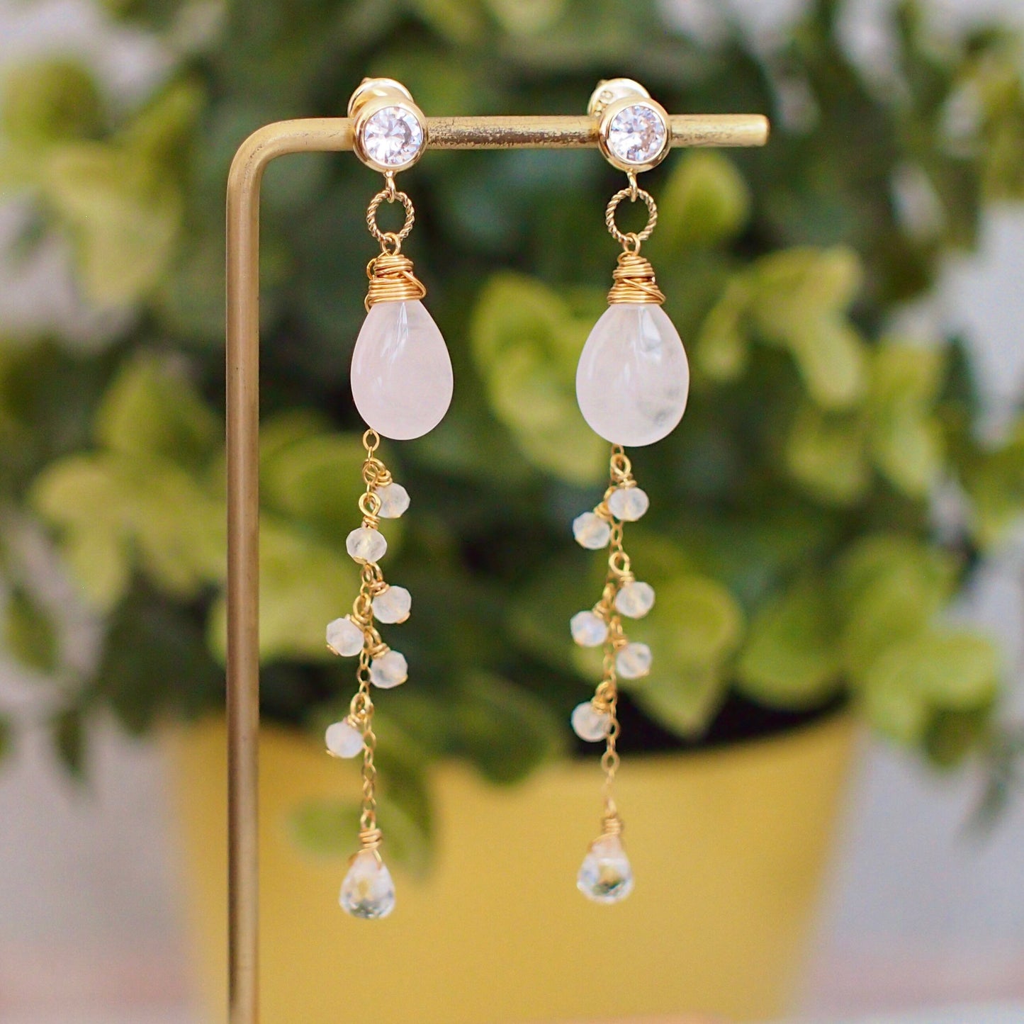 Rose Quartz Earrings // Dangling Style // Moonstones // 14K Gold-filled // Wire-wrapped // Sweet & Tasteful