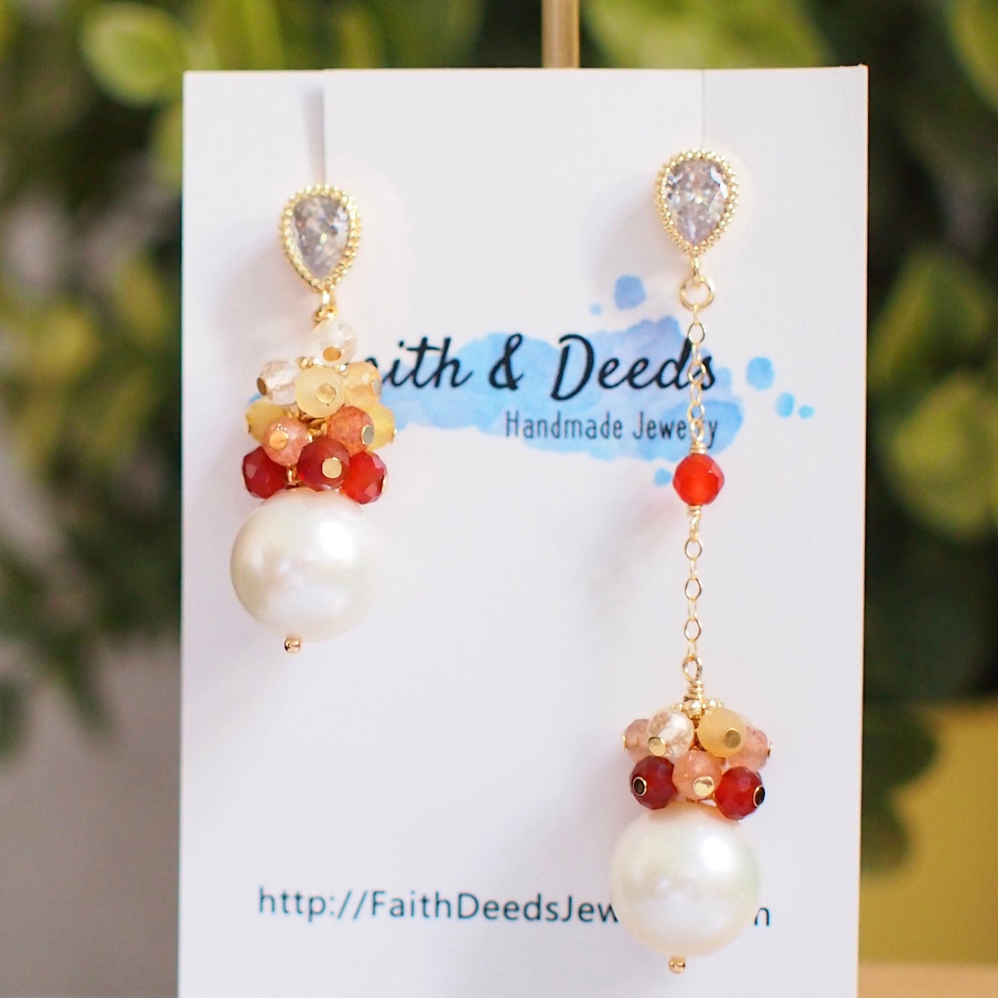 Fresh Water Pearl Earrings // Gem Cluster // Orange Agate // 14K Gold-filled // Asymmetrical // Ombré Style