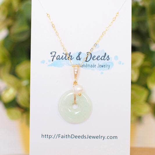 Type A Burmese Jade Donut Pendant // Fresh Water Pearl// 14K Gold-filled // Simple & Graceful