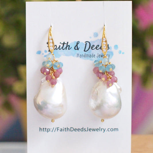 Baroque Pearl Earrings // Statement Earrings // Gems Cluster // Pink Tourmaline x Aquamarine // 14K Gold-filled