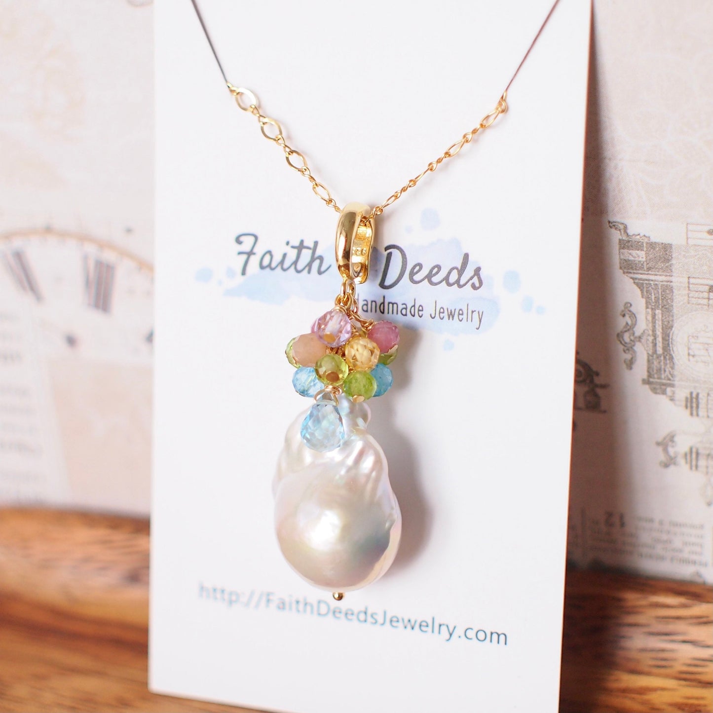 Baroque Pearl x Gem Cluster Pendant // Flameball Pearl // Long Statement Necklace // Rainbow Gems // 14K Gold-filled