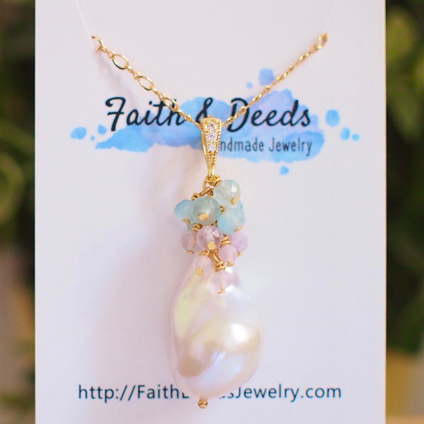 Baroque Pearl Pendant // Flameball Pearl // Long Statement Necklace // Amethyst x Chalcedony // 14K Gold-filled