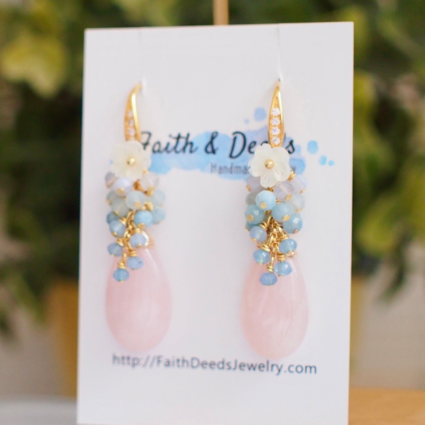 Rose Quartz Earrings // Statement Earrings // 14K Gold-filled // Blue Gem Cluster // Sweet & Whimsical