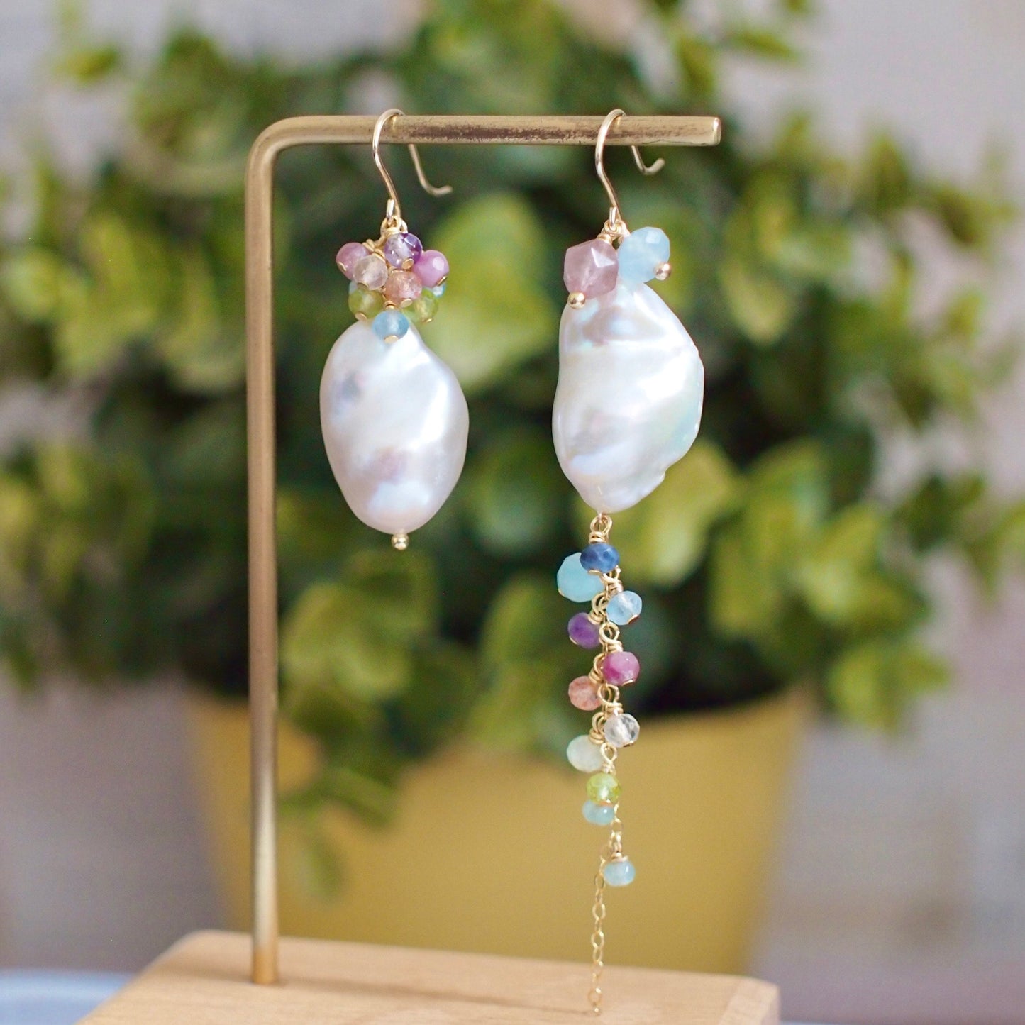 Baroque Pearl x Rainbow Gems Earrings // Asymmetrical Statement Earrings // Gems Cluster // 14K Gold-filled// One of a kind