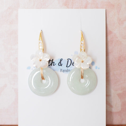 Type A Burmese Jade Donut Earrings // White Flower // 14K Gold-filled // Graceful and Gorgeous
