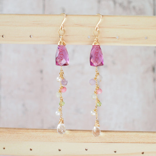 Rhodolite Pink Quartz Earrings // Dangling Style // 14K Gold-filled // Wire-wrapped // Assorted Gems // Sweet & Sassy